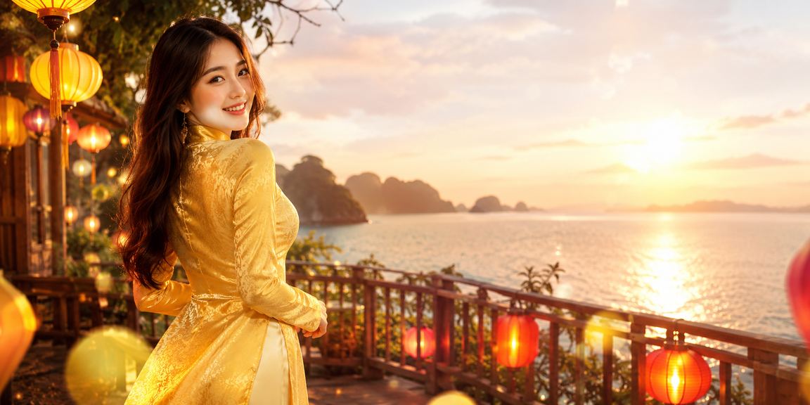 Phụ nữ mặc áo dài tại Hội An sử dụng điện thoại để truy cập trò chơi trực tuyến